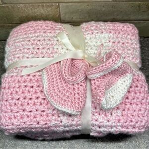 Pink and White Handmade Crochet Baby Blanket And Booties Set